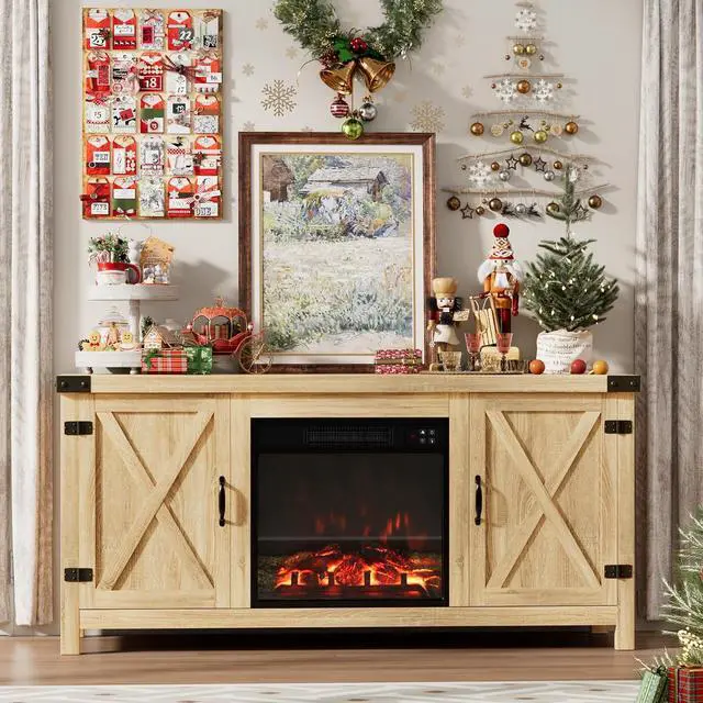 Alt view image 2 of 7 - Fireplace TV Stand for Up to 65 Inches TVs, Farmhouse Entertainment Center with Grooved Barn Doors, Rustic Media Console Table with Storage Cabinets for Living Room (Natural Oak)
