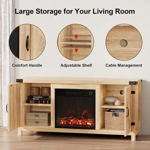 Alt view image 4 of 7 - Fireplace TV Stand for Up to 65 Inches TVs, Farmhouse Entertainment Center with Grooved Barn Doors, Rustic Media Console Table with Storage Cabinets for Living Room (Natural Oak)