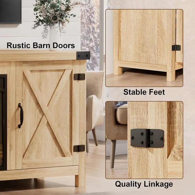 Alt view image 5 of 7 - Fireplace TV Stand for Up to 65 Inches TVs, Farmhouse Entertainment Center with Grooved Barn Doors, Rustic Media Console Table with Storage Cabinets for Living Room (Natural Oak)