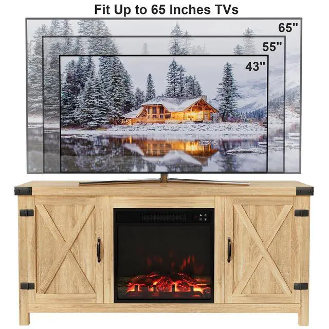 Alt view image 7 of 7 - Fireplace TV Stand for Up to 65 Inches TVs, Farmhouse Entertainment Center with Grooved Barn Doors, Rustic Media Console Table with Storage Cabinets for Living Room (Natural Oak)