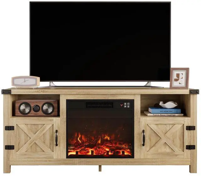 Main image of Entertainment Center with Fireplace, Fireplace TV Stand with Storage Cabinets and 2 Open Shelves, Modern Media TV Console for Living Room (Light Oak)