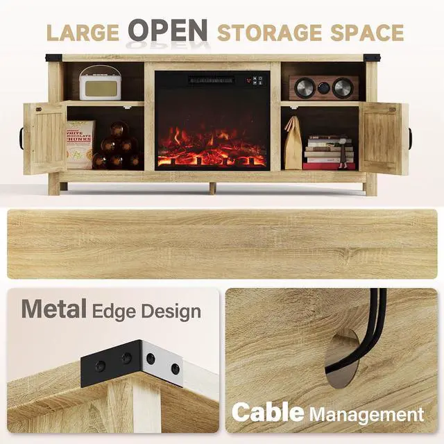 Alt view image 2 of 7 - Entertainment Center with Fireplace, Fireplace TV Stand with Storage Cabinets and 2 Open Shelves, Modern Media TV Console for Living Room (Light Oak)