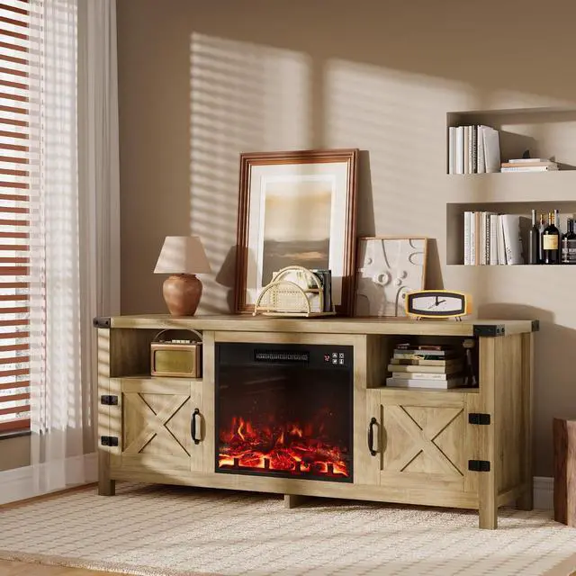 Alt view image 4 of 7 - Entertainment Center with Fireplace, Fireplace TV Stand with Storage Cabinets and 2 Open Shelves, Modern Media TV Console for Living Room (Light Oak)