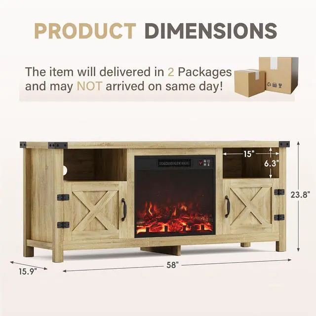 Alt view image 7 of 7 - Entertainment Center with Fireplace, Fireplace TV Stand with Storage Cabinets and 2 Open Shelves, Modern Media TV Console for Living Room (Light Oak)
