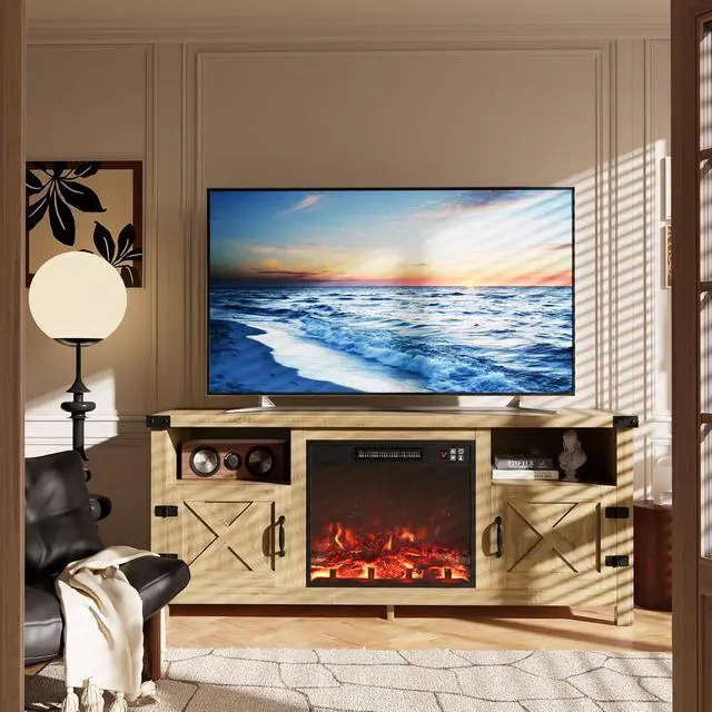 Alt view image 5 of 7 - Entertainment Center with Fireplace, Fireplace TV Stand with Storage Cabinets and 2 Open Shelves, Modern Media TV Console for Living Room (Light Oak)