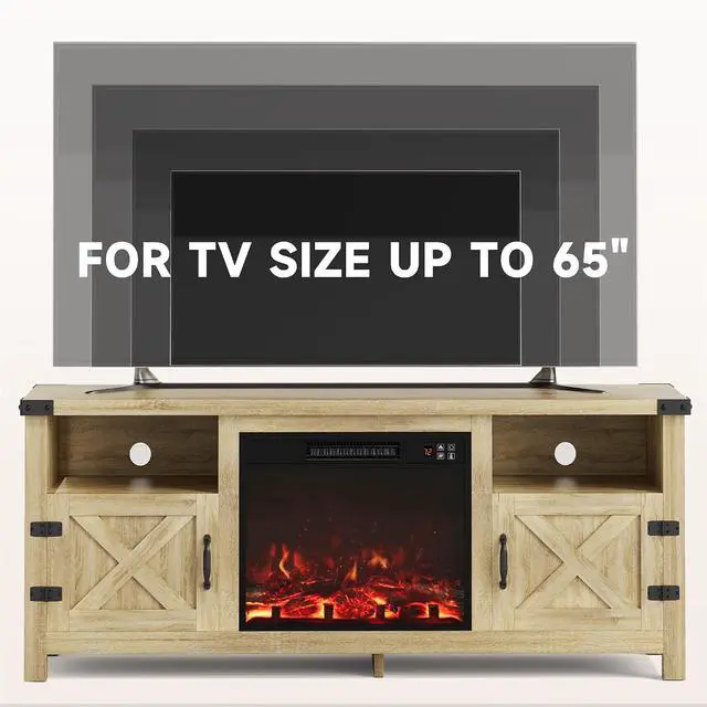 Alt view image 6 of 7 - Entertainment Center with Fireplace, Fireplace TV Stand with Storage Cabinets and 2 Open Shelves, Modern Media TV Console for Living Room (Light Oak)