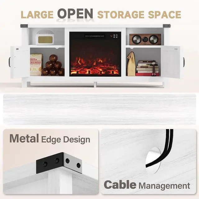 Alt view image 2 of 7 - Fireplace TV Stand for 65 Inch TV, Fireplace Entertainment Center with Storage Cabinets and 2 Open Shelves, Modern Media TV Console Table for Living Room (White)