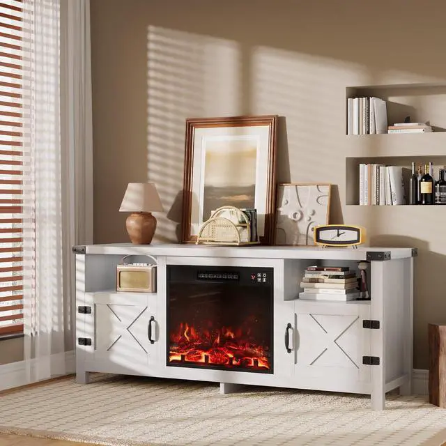 Alt view image 4 of 7 - Fireplace TV Stand for 65 Inch TV, Fireplace Entertainment Center with Storage Cabinets and 2 Open Shelves, Modern Media TV Console Table for Living Room (White)