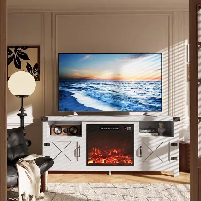 Alt view image 5 of 7 - Fireplace TV Stand for 65 Inch TV, Fireplace Entertainment Center with Storage Cabinets and 2 Open Shelves, Modern Media TV Console Table for Living Room (White)