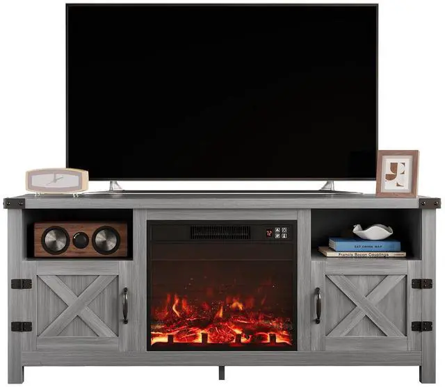 Main image of Entertainment Center with Fireplace, Fireplace TV Stand with Storage Cabinets and 2 Open Shelves, Modern Media TV Console for Living Room (Light Grey)