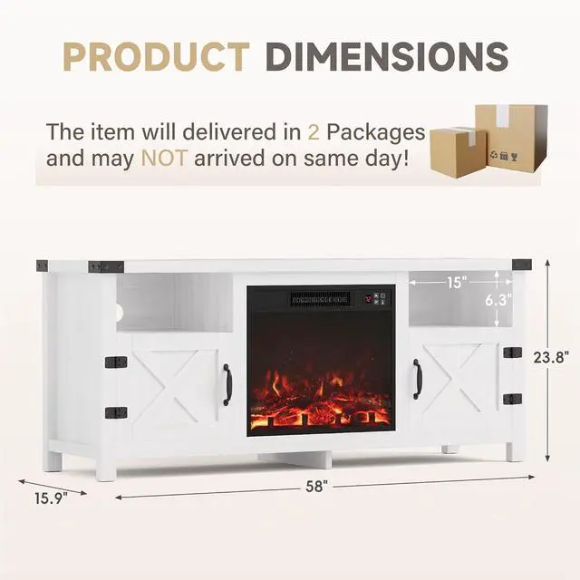 Alt view image 7 of 7 - Fireplace TV Stand for 65 Inch TV, Fireplace Entertainment Center with Storage Cabinets and 2 Open Shelves, Modern Media TV Console Table for Living Room (White)