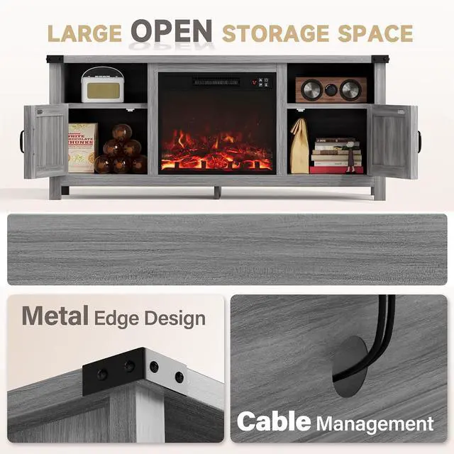 Alt view image 2 of 7 - Entertainment Center with Fireplace, Fireplace TV Stand with Storage Cabinets and 2 Open Shelves, Modern Media TV Console for Living Room (Light Grey)