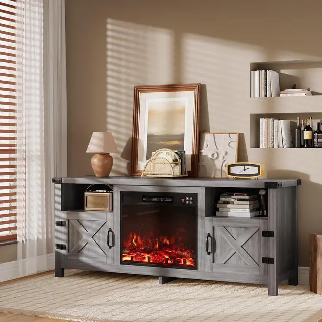 Alt view image 4 of 7 - Entertainment Center with Fireplace, Fireplace TV Stand with Storage Cabinets and 2 Open Shelves, Modern Media TV Console for Living Room (Light Grey)