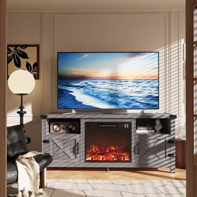 Alt view image 5 of 7 - Entertainment Center with Fireplace, Fireplace TV Stand with Storage Cabinets and 2 Open Shelves, Modern Media TV Console for Living Room (Light Grey)