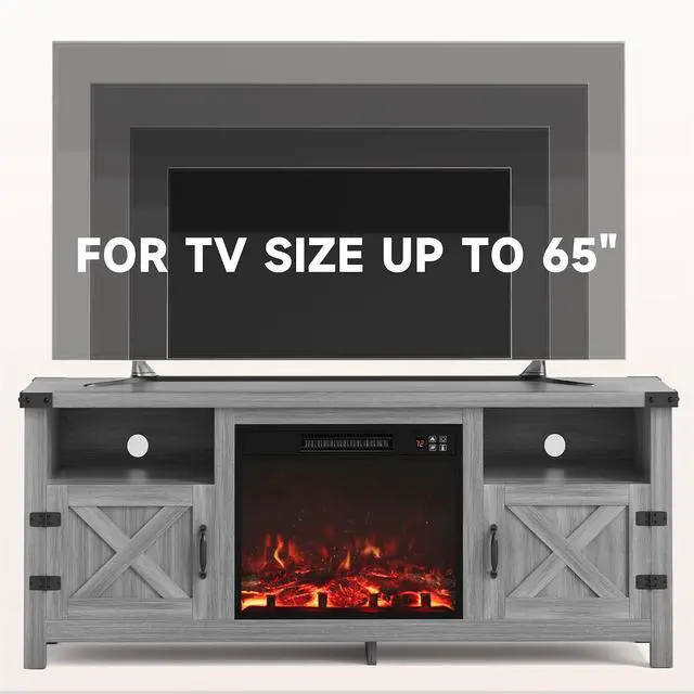 Alt view image 6 of 7 - Entertainment Center with Fireplace, Fireplace TV Stand with Storage Cabinets and 2 Open Shelves, Modern Media TV Console for Living Room (Light Grey)
