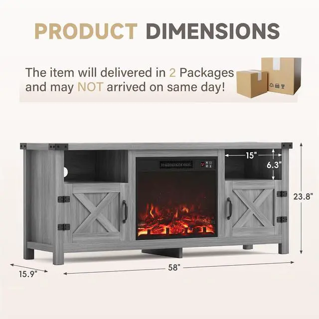 Alt view image 7 of 7 - Entertainment Center with Fireplace, Fireplace TV Stand with Storage Cabinets and 2 Open Shelves, Modern Media TV Console for Living Room (Light Grey)