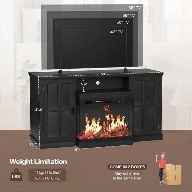 Alt view image 3 of 7 - Fireplace TV Stand for TVs up to 65'', 3-Sided Glass Media Entertainment Center Console with Storage, Adjustable Flame LED Color for Living Room (Black)