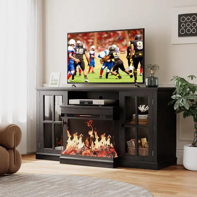 Alt view image 2 of 7 - Fireplace TV Stand for TVs up to 65'', 3-Sided Glass Media Entertainment Center Console with Storage, Adjustable Flame LED Color for Living Room (Black)