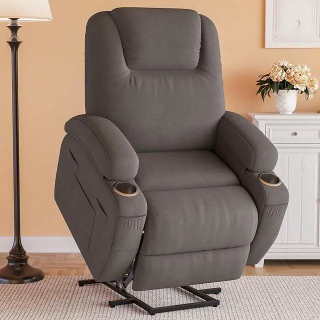 Alt view image 2 of 7 - Power Lift Recliner Chair with Massage Ergonomic Recliner Chair for Elderly People, Single Sofa with Cup Holders, Side Pockets (Fabric, Gray)