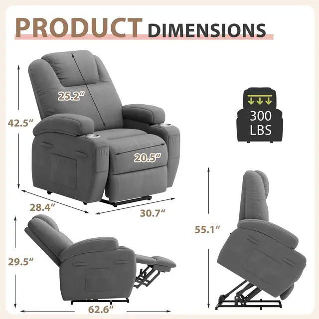 Alt view image 3 of 7 - Power Lift Recliner Chair with Massage Ergonomic Recliner Chair for Elderly People, Single Sofa with Cup Holders, Side Pockets (Fabric, Gray)