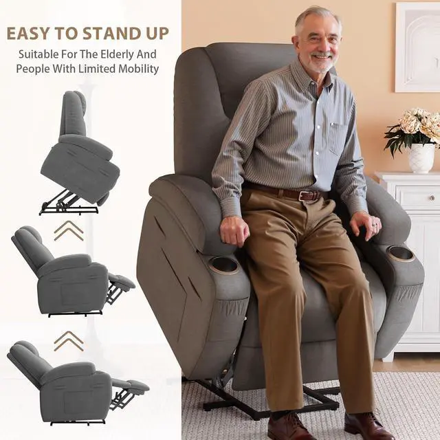 Alt view image 4 of 7 - Power Lift Recliner Chair with Massage Ergonomic Recliner Chair for Elderly People, Single Sofa with Cup Holders, Side Pockets (Fabric, Gray)