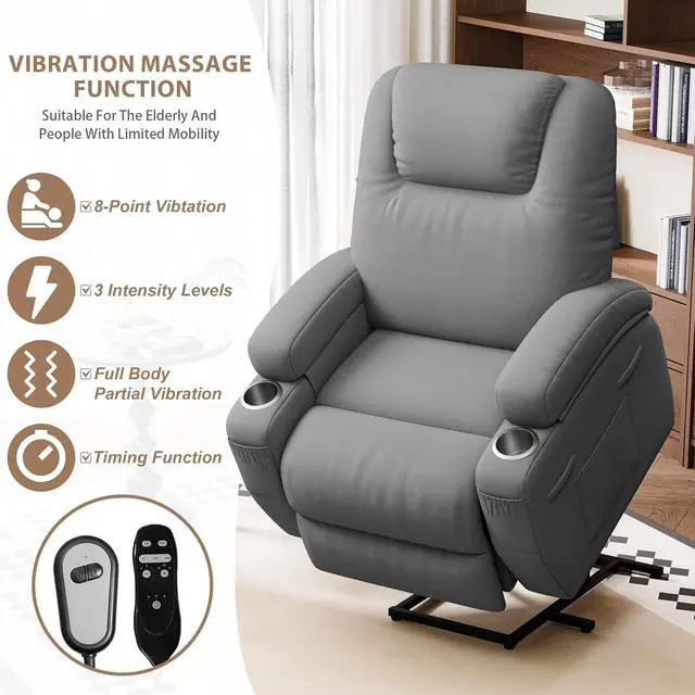 Alt view image 5 of 7 - Power Lift Recliner Chair with Massage Ergonomic Recliner Chair for Elderly People, Single Sofa with Cup Holders, Side Pockets (Fabric, Gray)