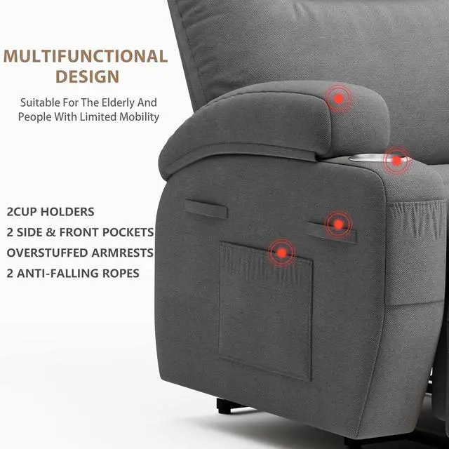 Alt view image 7 of 7 - Power Lift Recliner Chair with Massage Ergonomic Recliner Chair for Elderly People, Single Sofa with Cup Holders, Side Pockets (Fabric, Gray)