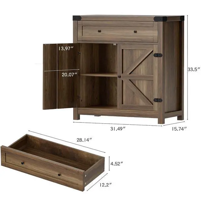 Alt view image 2 of 7 - Coffee Bar Cabinet with Storage,Sideboard Buffet Cabinet with 1 Drawer and 2 Barn Doors,Kitchen Storage Cabinet for Kitchen, Living Room, Entryway (Brown)