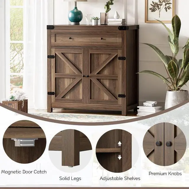 Alt view image 3 of 7 - Coffee Bar Cabinet with Storage,Sideboard Buffet Cabinet with 1 Drawer and 2 Barn Doors,Kitchen Storage Cabinet for Kitchen, Living Room, Entryway (Brown)