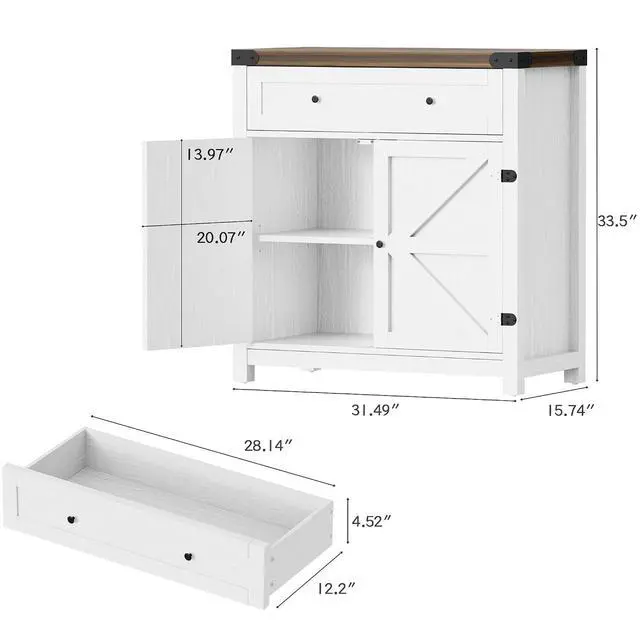 Alt view image 2 of 7 - Sideboard Buffet Cabinet with Storage, Farmhouse Coffee Bar Cabinet with 1 Drawer and 2 Barn Doors, Barn Door Console Table, Storage Cabinet for Kitchen, Dining Room, Entryway (White)