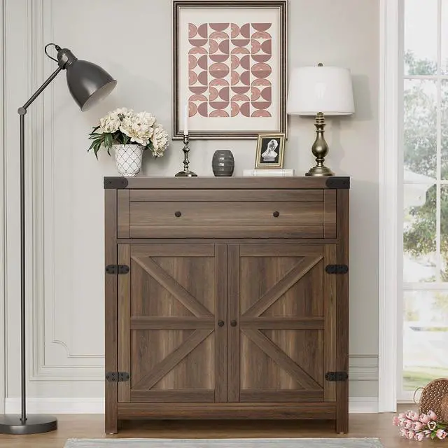 Alt view image 4 of 7 - Coffee Bar Cabinet with Storage,Sideboard Buffet Cabinet with 1 Drawer and 2 Barn Doors,Kitchen Storage Cabinet for Kitchen, Living Room, Entryway (Brown)