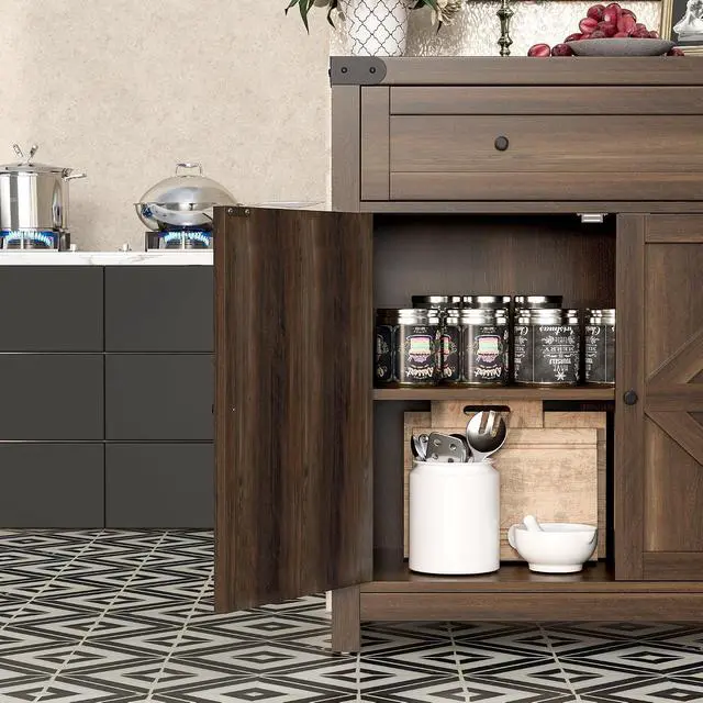 Alt view image 5 of 7 - Coffee Bar Cabinet with Storage,Sideboard Buffet Cabinet with 1 Drawer and 2 Barn Doors,Kitchen Storage Cabinet for Kitchen, Living Room, Entryway (Brown)