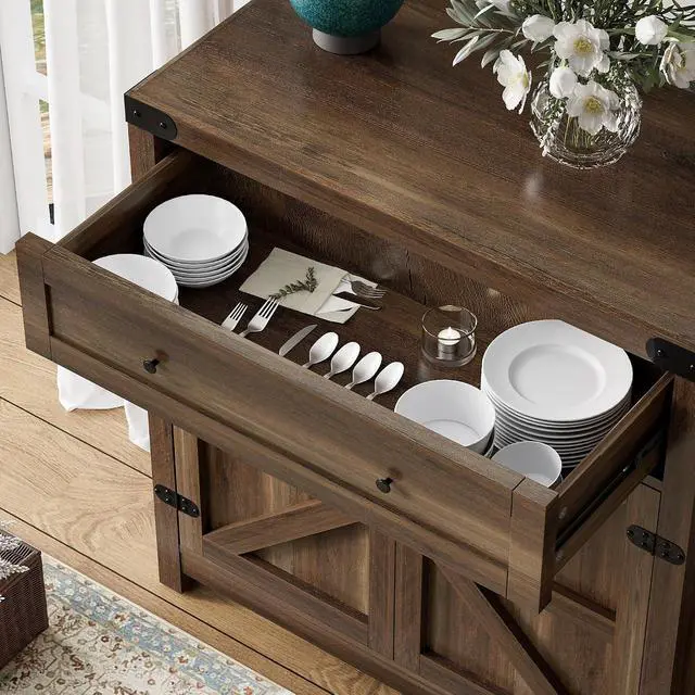 Alt view image 6 of 7 - Coffee Bar Cabinet with Storage,Sideboard Buffet Cabinet with 1 Drawer and 2 Barn Doors,Kitchen Storage Cabinet for Kitchen, Living Room, Entryway (Brown)