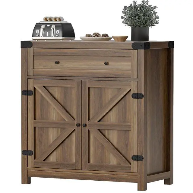 Alt view image 7 of 7 - Coffee Bar Cabinet with Storage,Sideboard Buffet Cabinet with 1 Drawer and 2 Barn Doors,Kitchen Storage Cabinet for Kitchen, Living Room, Entryway (Brown)