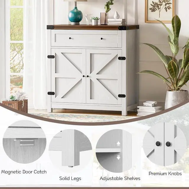 Alt view image 3 of 7 - Sideboard Buffet Cabinet with Storage, Farmhouse Coffee Bar Cabinet with 1 Drawer and 2 Barn Doors, Barn Door Console Table, Storage Cabinet for Kitchen, Dining Room, Entryway (White)