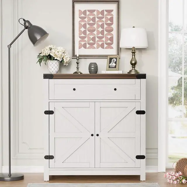 Alt view image 4 of 7 - Sideboard Buffet Cabinet with Storage, Farmhouse Coffee Bar Cabinet with 1 Drawer and 2 Barn Doors, Barn Door Console Table, Storage Cabinet for Kitchen, Dining Room, Entryway (White)
