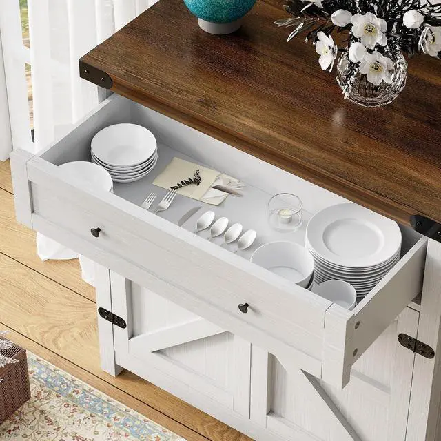 Alt view image 6 of 7 - Sideboard Buffet Cabinet with Storage, Farmhouse Coffee Bar Cabinet with 1 Drawer and 2 Barn Doors, Barn Door Console Table, Storage Cabinet for Kitchen, Dining Room, Entryway (White)