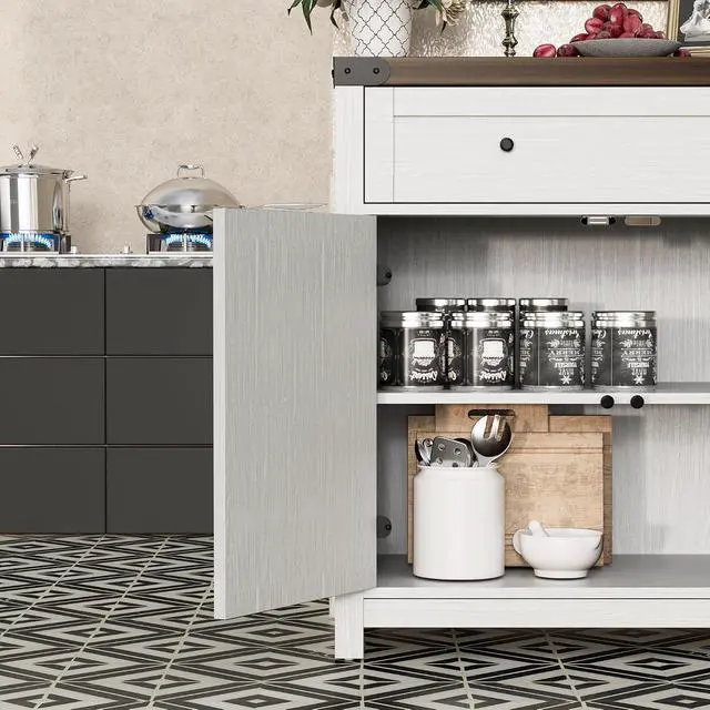 Alt view image 5 of 7 - Sideboard Buffet Cabinet with Storage, Farmhouse Coffee Bar Cabinet with 1 Drawer and 2 Barn Doors, Barn Door Console Table, Storage Cabinet for Kitchen, Dining Room, Entryway (White)