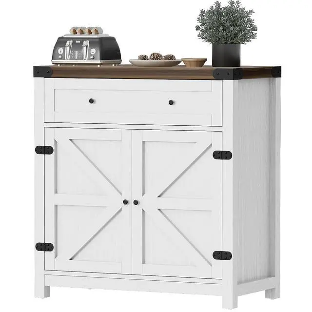 Alt view image 7 of 7 - Sideboard Buffet Cabinet with Storage, Farmhouse Coffee Bar Cabinet with 1 Drawer and 2 Barn Doors, Barn Door Console Table, Storage Cabinet for Kitchen, Dining Room, Entryway (White)