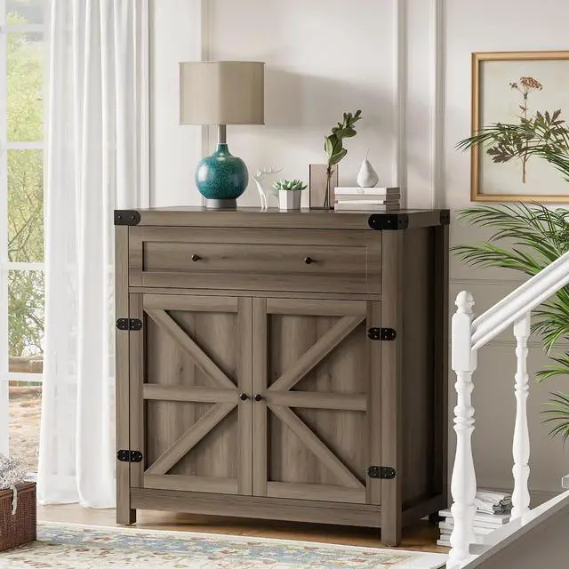 Main image of Sideboard Buffet Cabinet with Storage, Farmhouse Coffee Bar Cabinet with 1 Drawer and 2 Barn Doors, Barn Door Console Table, Storage Cabinet for Kitchen, Dining Room, Entryway (Rustic Oak)