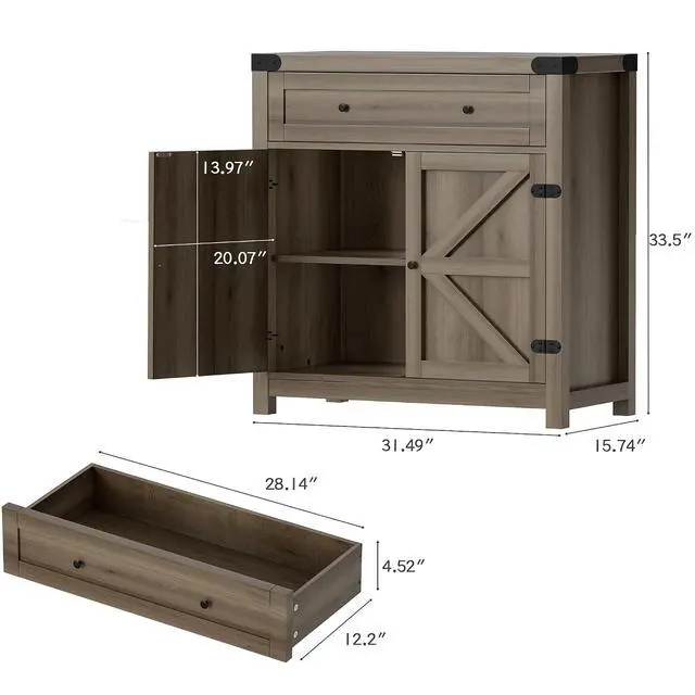 Alt view image 2 of 7 - Sideboard Buffet Cabinet with Storage, Farmhouse Coffee Bar Cabinet with 1 Drawer and 2 Barn Doors, Barn Door Console Table, Storage Cabinet for Kitchen, Dining Room, Entryway (Rustic Oak)