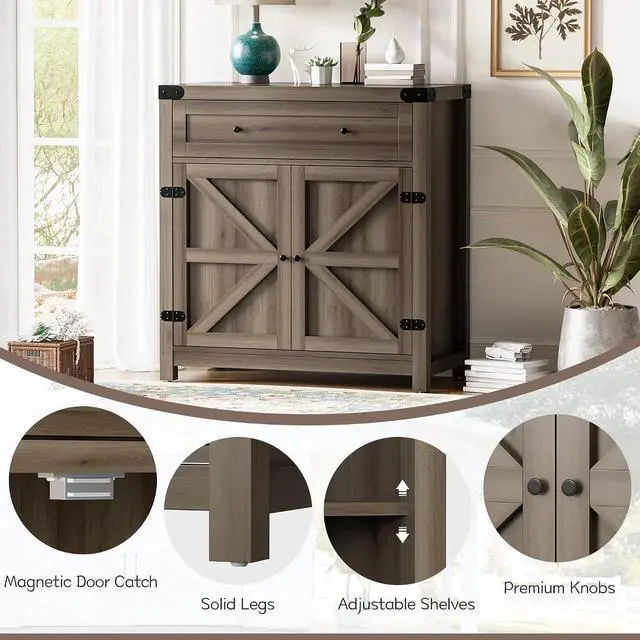 Alt view image 3 of 7 - Sideboard Buffet Cabinet with Storage, Farmhouse Coffee Bar Cabinet with 1 Drawer and 2 Barn Doors, Barn Door Console Table, Storage Cabinet for Kitchen, Dining Room, Entryway (Rustic Oak)