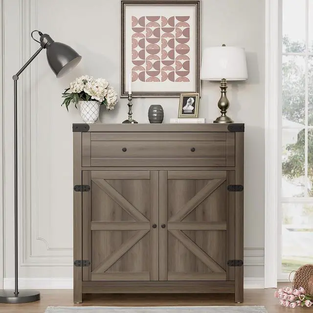 Alt view image 4 of 7 - Sideboard Buffet Cabinet with Storage, Farmhouse Coffee Bar Cabinet with 1 Drawer and 2 Barn Doors, Barn Door Console Table, Storage Cabinet for Kitchen, Dining Room, Entryway (Rustic Oak)