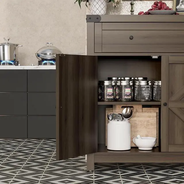 Alt view image 5 of 7 - Sideboard Buffet Cabinet with Storage, Farmhouse Coffee Bar Cabinet with 1 Drawer and 2 Barn Doors, Barn Door Console Table, Storage Cabinet for Kitchen, Dining Room, Entryway (Rustic Oak)