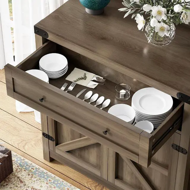 Alt view image 6 of 7 - Sideboard Buffet Cabinet with Storage, Farmhouse Coffee Bar Cabinet with 1 Drawer and 2 Barn Doors, Barn Door Console Table, Storage Cabinet for Kitchen, Dining Room, Entryway (Rustic Oak)