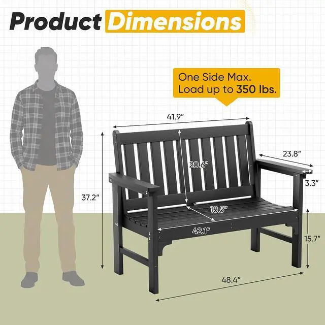 Alt view image 3 of 7 - Outdoor Garden Bench,2-Person Heavy Duty Ergonomic Outside Benches Weatherproof with 700 lbs Capacity,Ideal for Patio, Porch, Backyard, Black