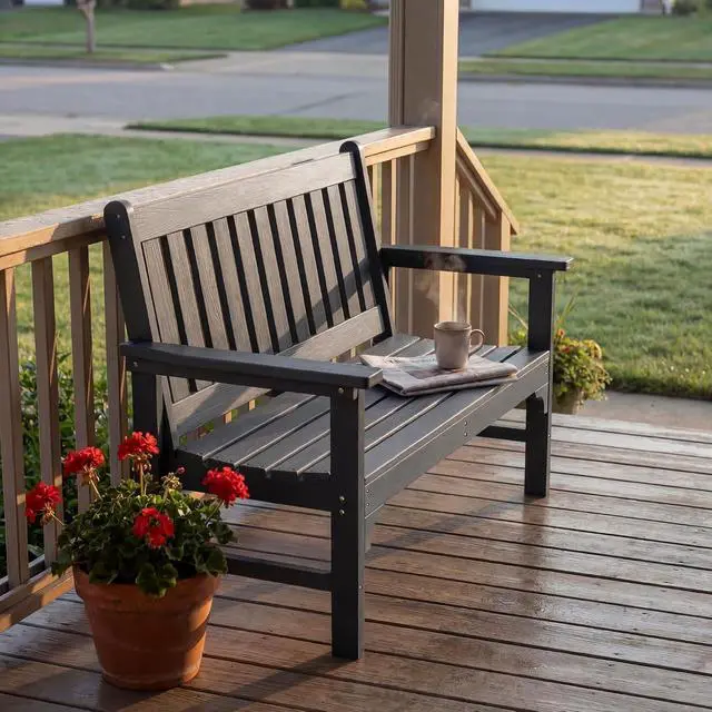 Alt view image 2 of 7 - Outdoor Garden Bench,2-Person Heavy Duty Ergonomic Outside Benches Weatherproof with 700 lbs Capacity,Ideal for Patio, Porch, Backyard, Black