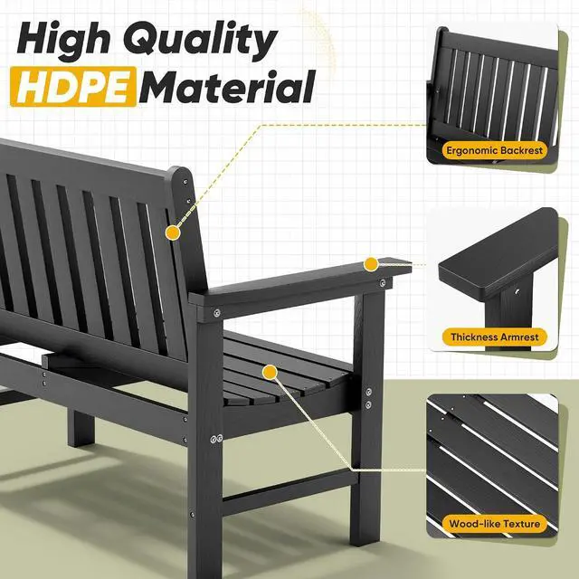 Alt view image 5 of 7 - Outdoor Garden Bench,2-Person Heavy Duty Ergonomic Outside Benches Weatherproof with 700 lbs Capacity,Ideal for Patio, Porch, Backyard, Black