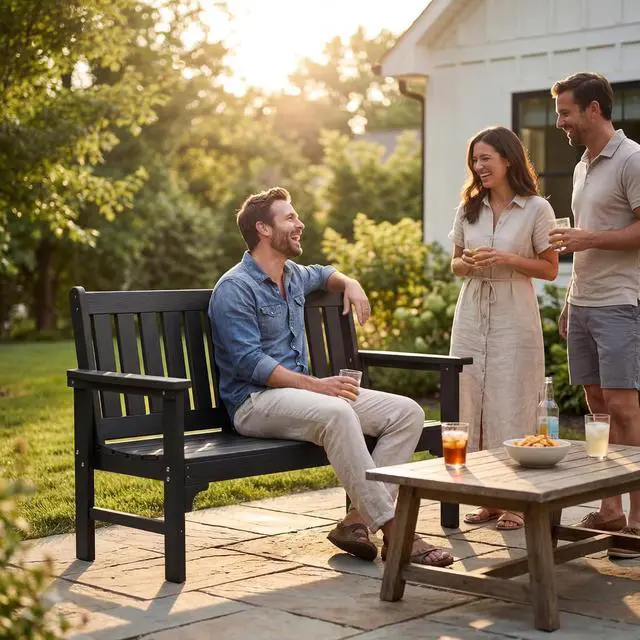 Alt view image 7 of 7 - Outdoor Garden Bench,2-Person Heavy Duty Ergonomic Outside Benches Weatherproof with 700 lbs Capacity,Ideal for Patio, Porch, Backyard, Black