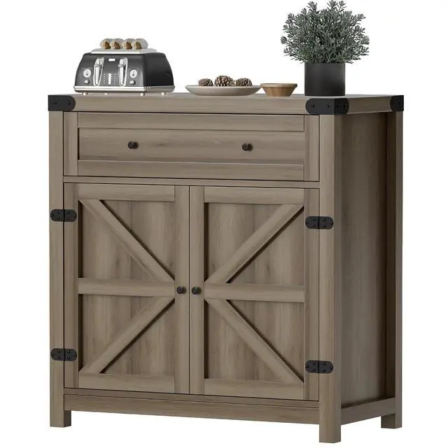 Alt view image 7 of 7 - Sideboard Buffet Cabinet with Storage, Farmhouse Coffee Bar Cabinet with 1 Drawer and 2 Barn Doors, Barn Door Console Table, Storage Cabinet for Kitchen, Dining Room, Entryway (Rustic Oak)